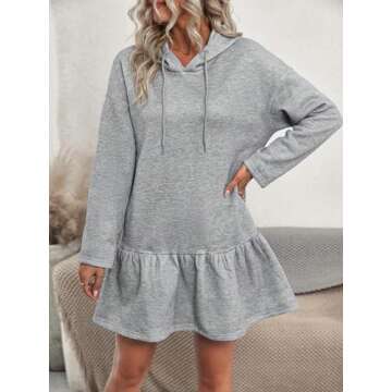 MakeMeChic Women's Casual Long Sleeve Hooded Dress Drop Shoulder Ruffle Hem Drawstring Flared Sweatshirt Dresses