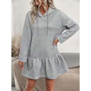 MakeMeChic Women's Casual Long Sleeve Hooded Dress Drop Shoulder Ruffle Hem Drawstring Flared Sweatshirt Dresses