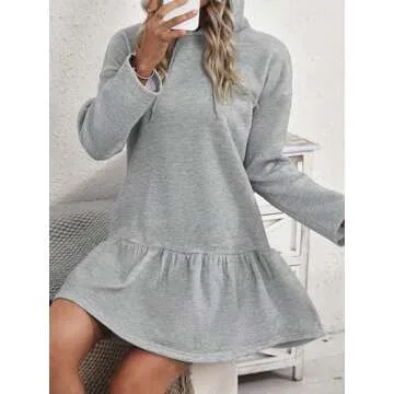 MakeMeChic Women's Casual Long Sleeve Hooded Dress Drop Shoulder Ruffle Hem Drawstring Flared Sweatshirt Dresses