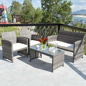 Tangkula 4 PCS Wicker Patio Conversation Set, Outdoor Rattan Sofas with Table Set, Patio Furniture S...