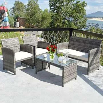 Tangkula 4 PCS Wicker Patio Conversation Set, Outdoor Rattan Sofas with Table Set, Patio Furniture S...