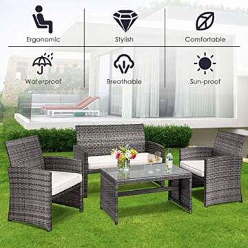 Tangkula 4 PCS Wicker Patio Conversation Set, Outdoor Rattan Sofas with Table Set, Patio Furniture Set with Soft Cushions & Tempered Glass Coffee Table for Poolside Balcony