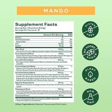 Bloom Nutrition Superfood Greens Powder Stick Packs, Digestive Enzymes with Probiotics and Prebiotics, Gut Health, Bloating Relief for Women, Chlorella, Green Juice Mix, 15 SVG, Mango