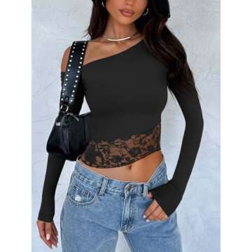REORIA Womens Off The Shoulder Long Sleeve Tops Lace Double Lined Crop Tops Regular Fitted Shirts Going Out Y2k Trendy Tops Black Small