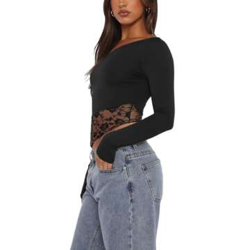 REORIA Womens Off The Shoulder Long Sleeve Tops Lace Double Lined Crop Tops Regular Fitted Shirts Going Out Y2k Trendy Tops Black Small