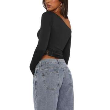 REORIA Womens Off The Shoulder Long Sleeve Tops Lace Double Lined Crop Tops Regular Fitted Shirts Going Out Y2k Trendy Tops Black Small