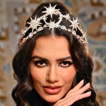 CAKURE Gold Star Moon Crown Rhinestone Bridal Headband for Women