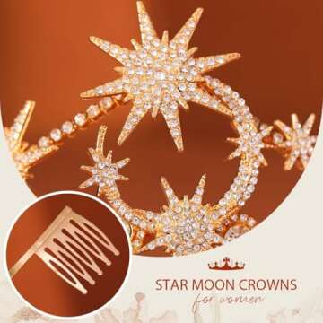 Sparkly Gold Star Moon Crown for Weddings and Costumes