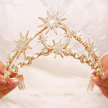 Sparkly Gold Star Moon Crown for Weddings and Costumes