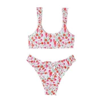 SHENHE Women's Cute Floral 2 Piece Tie Front High Cut Frilled Bikini Set Bathing Suit White Small
