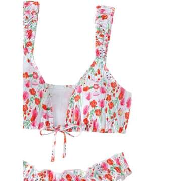 SHENHE Women's Cute Floral 2 Piece Tie Front High Cut Frilled Bikini Set Bathing Suit White Small