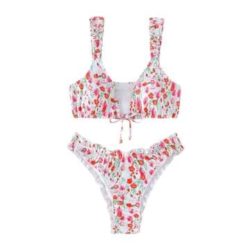 SHENHE Women's Cute Floral 2 Piece Tie Front High Cut Frilled Bikini Set Bathing Suit White Small