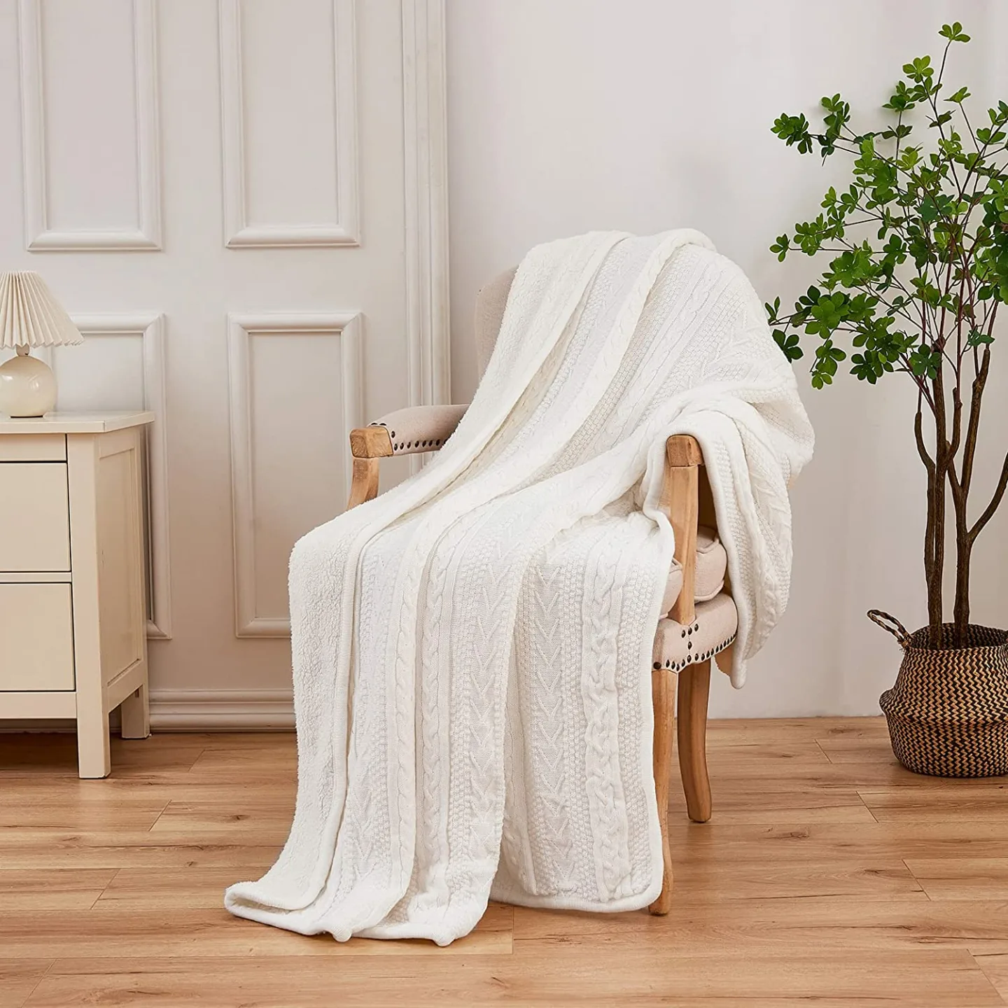 Longhui Cable Knit Sherpa Throw Blanket 60x80 Cozy