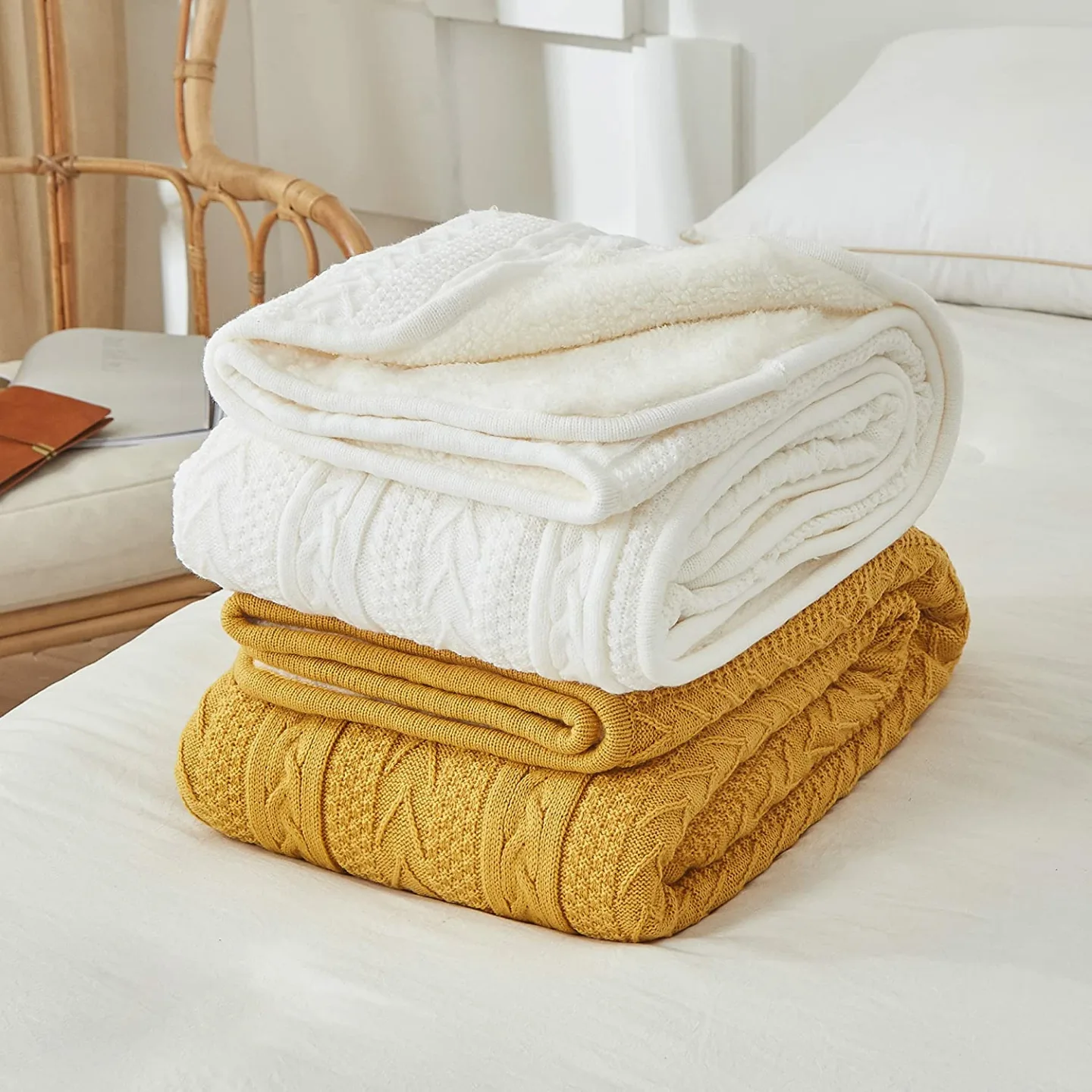 Longhui Cable Knit Sherpa Throw Blanket 60x80 Cozy