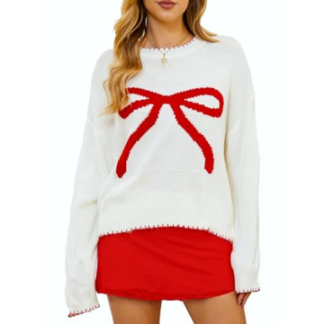 Milumia Women's Bow Print Drop Shoulder Long Sleeve Sweater - Casual Chic