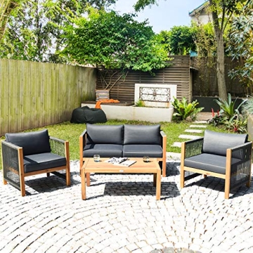 Tangkula Outdoor Wood Furniture Set, Acacia Frame Loveseat Sofa, 2 Single Chairs and Coffee Table, 4 Pieces Conversation Set with Cushions, Garden Balcony Poolside Living (1, Grey)