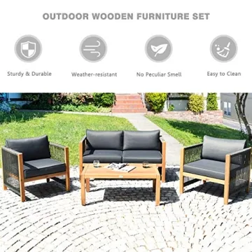 Tangkula Outdoor Wood Furniture Set, Acacia Frame Loveseat Sofa, 2 Single Chairs and Coffee Table, 4 Pieces Conversation Set with Cushions, Garden Balcony Poolside Living (1, Grey)