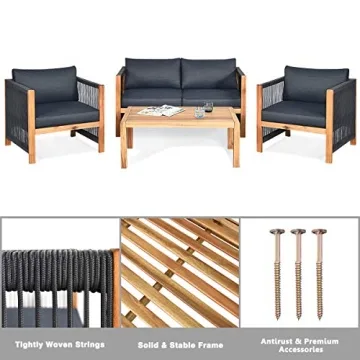 Tangkula Outdoor Wood Furniture Set, Acacia Frame Loveseat Sofa, 2 Single Chairs and Coffee Table, 4 Pieces Conversation Set with Cushions, Garden Balcony Poolside Living (1, Grey)