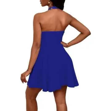 PerZeal Blue Dress Women Sexy 2025 Summer Dress Sleeveless Halter Neck Graduation Cocktail Party Short Mini Flare Sundress Medium