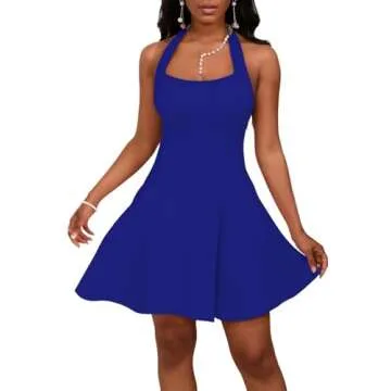 PerZeal Blue Dress Women Sexy 2025 Summer Dress Sleeveless Halter Neck Graduation Cocktail Party Short Mini Flare Sundress Medium