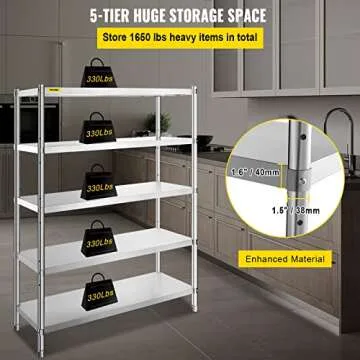 VBENLEM Stainless Steel Shelves 48x18.5 Inch 5 Tier Adjustable Shelf Storage Unit Stainless Steel Rack Shelving Heavy Duty Shelving for Kitchen Commercial Office Garage Storage 330lb Per Shelf