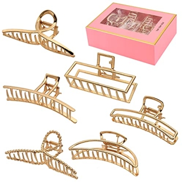 LUKACY 6 Pack Large Metal Hair Claw Clips - 4 Inch Gold Jaw Clamps for Women