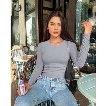 OQQ Womens 2 Piece Shirts Long Sleeve Crew Neck Ruched Stretch Basic Fitted Tee Shirts Tops Black Grey