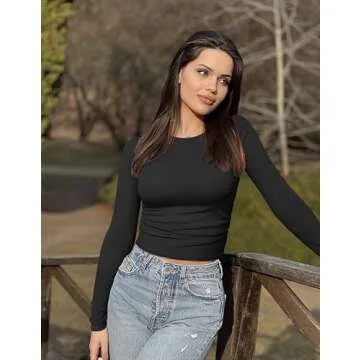 OQQ Womens 2 Piece Shirts Long Sleeve Crew Neck Ruched Stretch Basic Fitted Tee Shirts Tops Black Grey