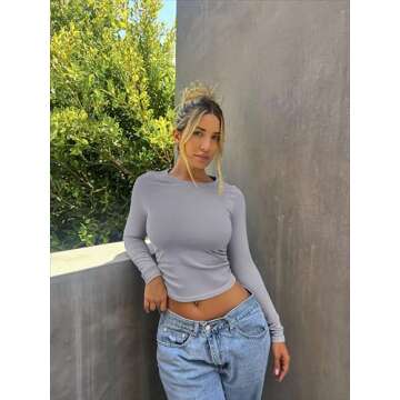 OQQ Womens 2 Piece Shirts Long Sleeve Crew Neck Ruched Stretch Basic Fitted Tee Shirts Tops Black Grey