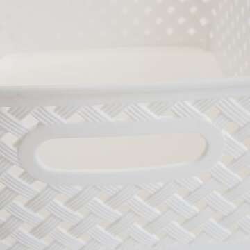 Simplify Small Resin Wicker Tote | Storage Bin | Plastic Organizer | Carrying Handles | Bathroom | Pantry | Accessories | Cleaning Products | White