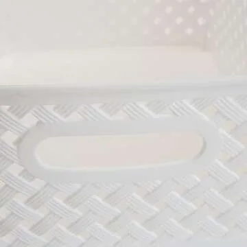 Simplify Small Resin Wicker Tote | Storage Bin | Plastic Organizer | Carrying Handles | Bathroom | Pantry | Accessories | Cleaning Products | White