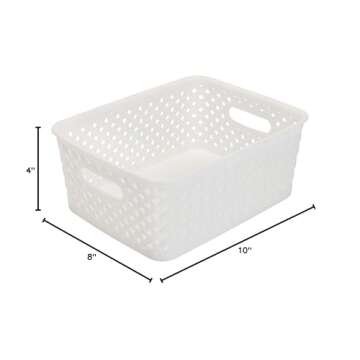 Simplify Small Resin Wicker Tote | Storage Bin | Plastic Organizer | Carrying Handles | Bathroom | Pantry | Accessories | Cleaning Products | White
