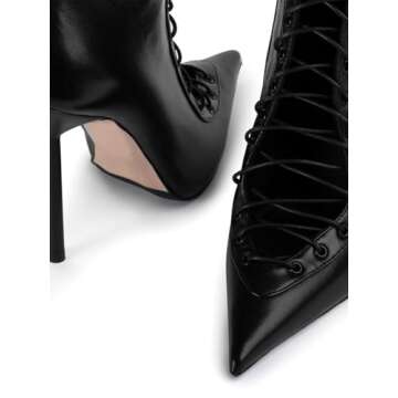 Kapxumo Women's Knee High Boots Lace Up High Heel Stiletto Long Booties Pointed Toe Denim Boots Wide Calf Over-the-Knee Boots