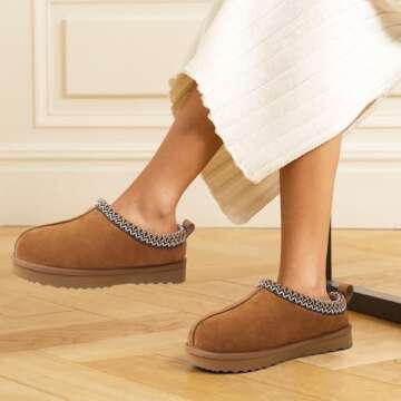 Litfun Women's Fuzzy House Slippers Genuine Suede Fluffy Winter Slipper Cozy Furry Warm Shoes Indoor/Outdoor, Chestnut EU 40