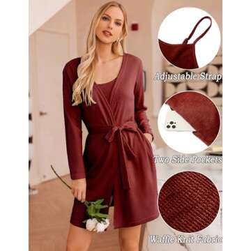 Ekouaer Womens 3 Piece Waffle Knit Lounge Set Soft Pajama Sets Tank Top and Shorts Cardigan with Poc...