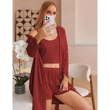 Ekouaer Womens 3 Piece Waffle Knit Lounge Set Soft Pajama Sets Tank Top and Shorts Cardigan with Pockets (Wine Red, S)