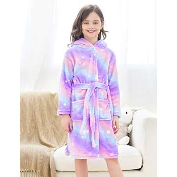 Doctor Unicorn Soft Hooded Rainbow Bathrobe Sleepwear for Girls (Bright Purple Star Dots, 7-9 Years)
