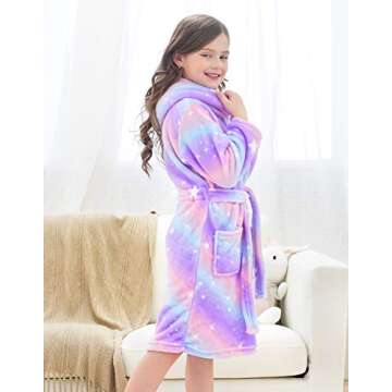 Doctor Unicorn Soft Hooded Rainbow Bathrobe Sleepwear for Girls (Bright Purple Star Dots, 7-9 Years)