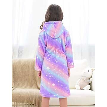 Doctor Unicorn Soft Hooded Rainbow Bathrobe Sleepwear for Girls (Bright Purple Star Dots, 7-9 Years)