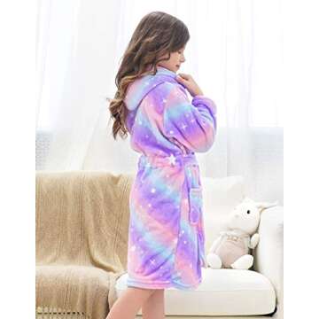 Doctor Unicorn Soft Hooded Rainbow Bathrobe Sleepwear for Girls (Bright Purple Star Dots, 7-9 Years)