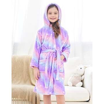 Doctor Unicorn Soft Hooded Rainbow Bathrobe Sleepwear for Girls (Bright Purple Star Dots, 7-9 Years)