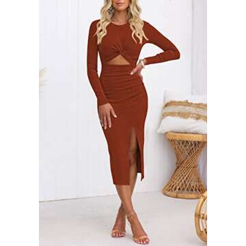 Pink Queen Long Sleeve Midi Dress - Elegant Cutout and Stylish Knit