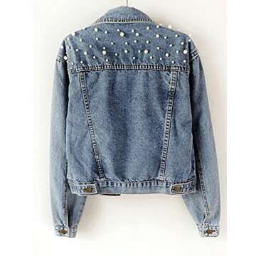 Tanming Women's Casual Embroidered Pearls Beading Denim Jacket Jean Coat（Blue-M）
