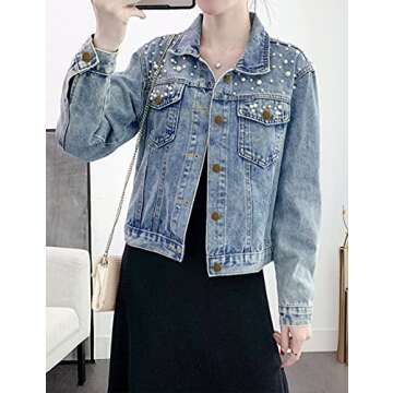 Tanming Women's Casual Embroidered Pearls Beading Denim Jacket Jean Coat（Blue-M）