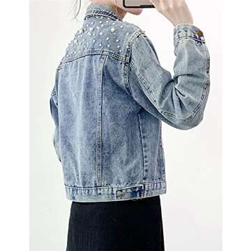 Tanming Women's Casual Embroidered Pearls Beading Denim Jacket Jean Coat（Blue-M）