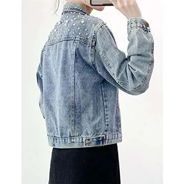 Tanming Women's Pearl Beading Denim Jacket for Casual Chic Style