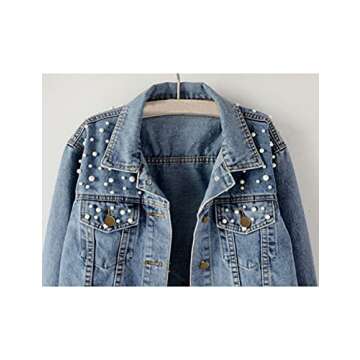Tanming Women's Casual Embroidered Pearls Beading Denim Jacket Jean Coat（Blue-M）