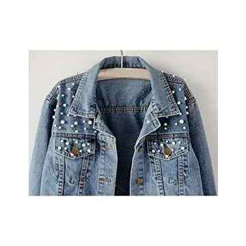 Tanming Women's Pearl Beading Denim Jacket for Casual Chic Style