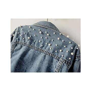 Tanming Women's Casual Embroidered Pearls Beading Denim Jacket Jean Coat（Blue-M）