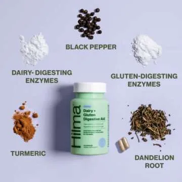 Hilma Digestive Enzymes for Digestion, Natural Gluten and Dairy Relief Pills, Relief from Bloating for Women and Men w/Turmeric, Dandelion Root, and Gluten Digestive Enzymes, 30 Vegan Capsules
